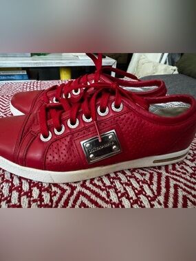 Y2K Authentic Dolce & Gabbana Red Leather Lace-Up Sneakers with Silver Plaque